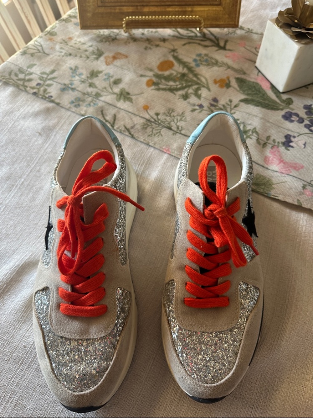 Sparkle Suede Women's Sneakers with Bright Orange Laces